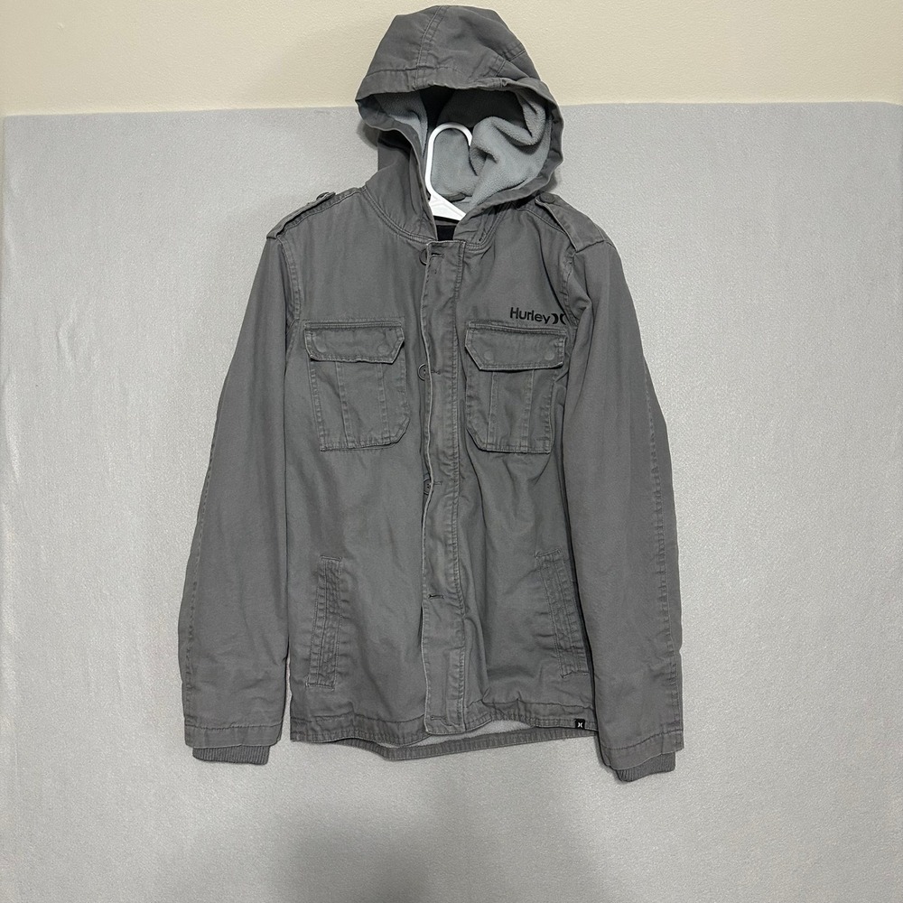 Hurley Mens Hooded Utility Jacket Gray Fleece Lined‎ Military Field Coat Medium